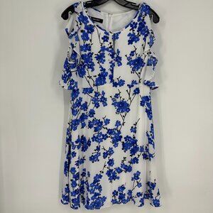 Nine West Floral Dress A Line Cold Shoulder Ruffle Cocktail Blue White